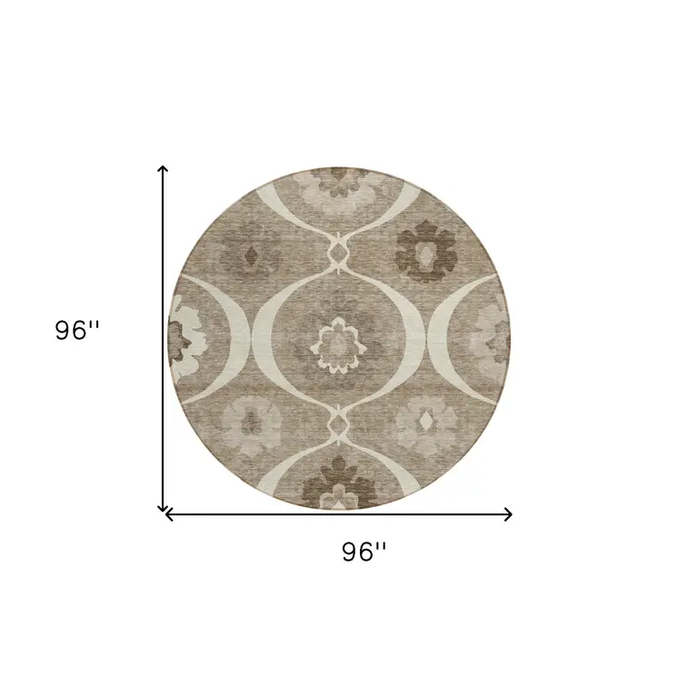 8' Taupe Brown And Ivory Round Medallion Washable Indoor Outdoor Area Rug