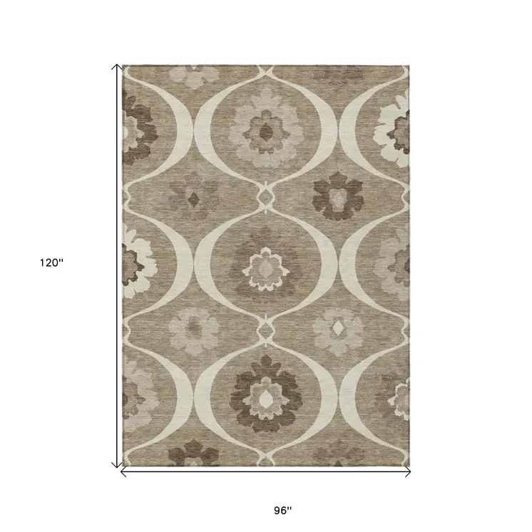 8' X 10' Taupe Brown And Ivory Medallion Washable Indoor Outdoor Area Rug