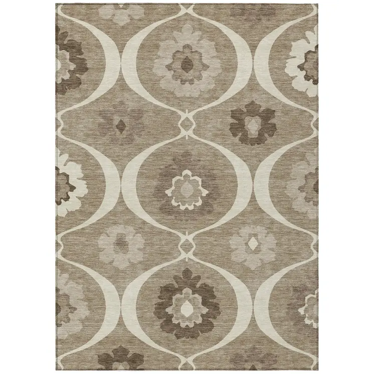 8' X 10' Taupe Brown And Ivory Medallion Washable Indoor Outdoor Area Rug
