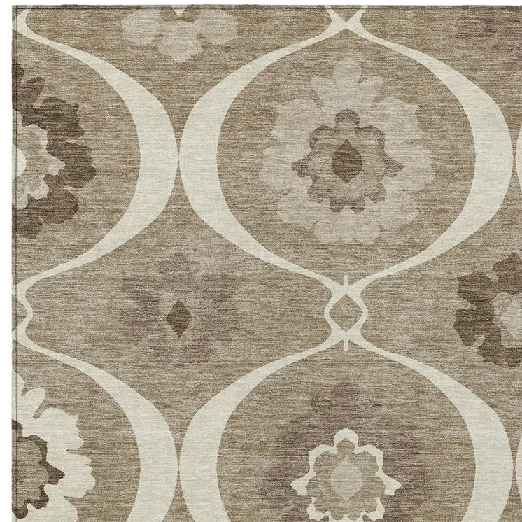 9' X 12' Taupe Brown And Ivory Medallion Washable Indoor Outdoor Area Rug