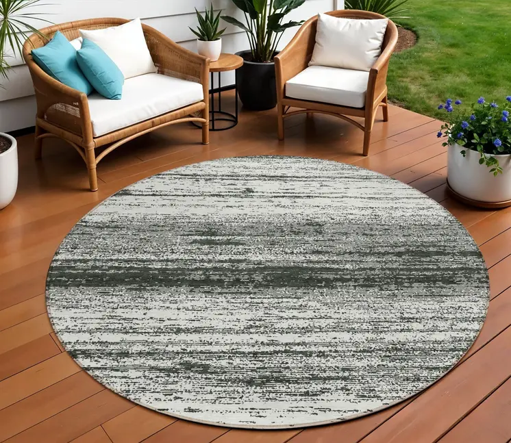 8' Black Ivory And Gray Round Striped Washable Indoor Outdoor Area Rug