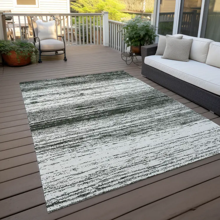 8' X 10' Black Ivory And Gray Striped Washable Indoor Outdoor Area Rug