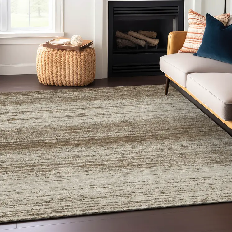 3' X 5' Brown And Beige Striped Washable Indoor Outdoor Area Rug