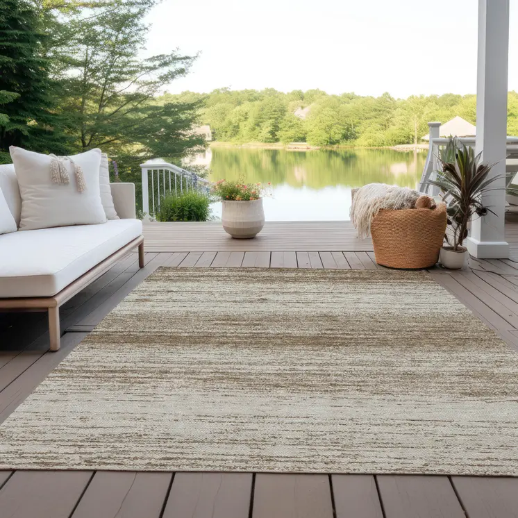 5' X 8' Brown And Beige Striped Washable Indoor Outdoor Area Rug