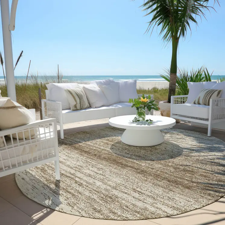 8' Brown And Beige Round Striped Washable Indoor Outdoor Area Rug