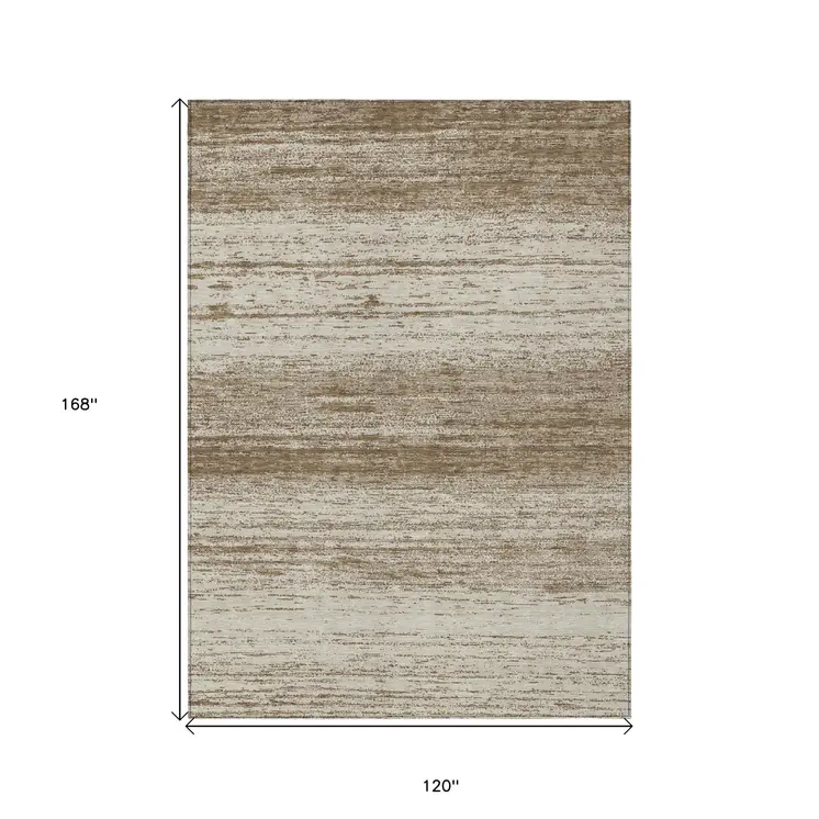 10' X 14' Brown And Beige Striped Washable Indoor Outdoor Area Rug