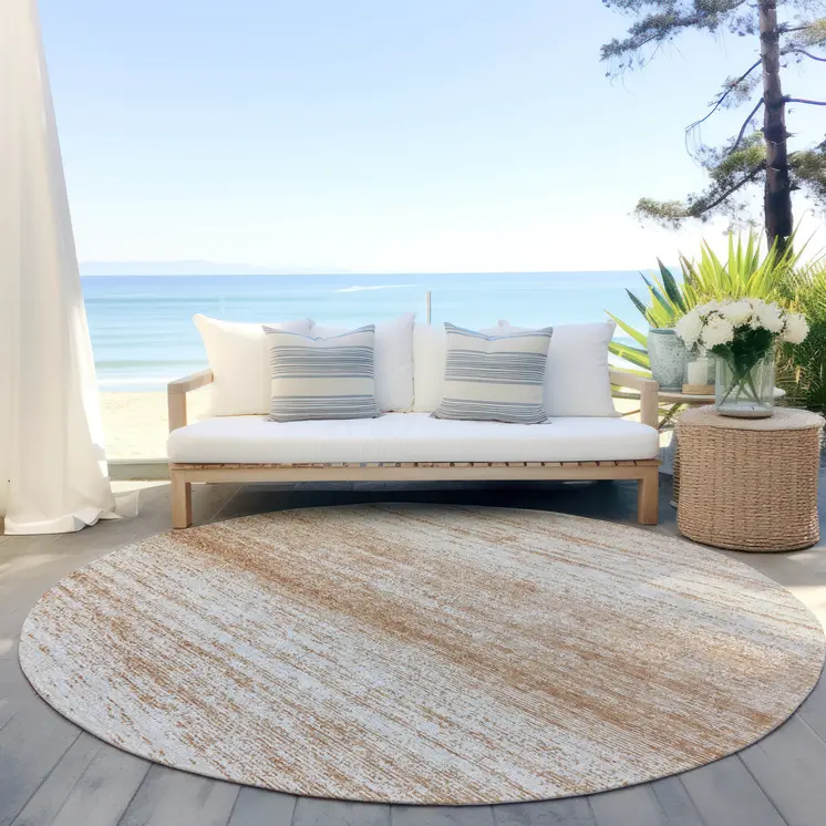 8' Copper And Ivory Round Striped Washable Indoor Outdoor Area Rug