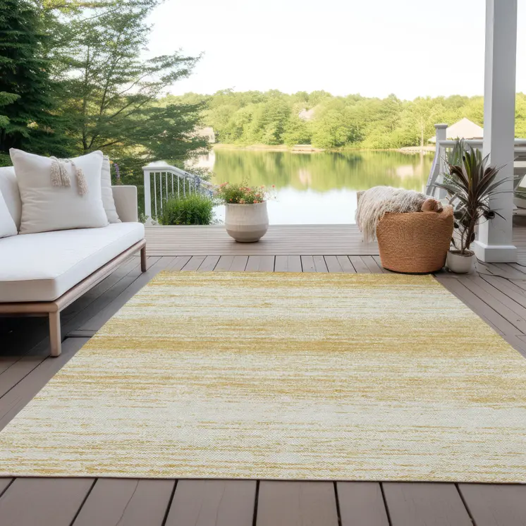 5' X 8' Gold And Ivory Striped Washable Indoor Outdoor Area Rug