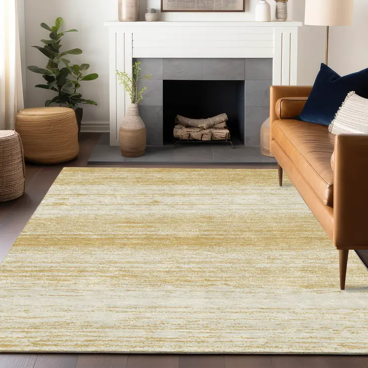 5' X 8' Gold And Ivory Striped Washable Indoor Outdoor Area Rug