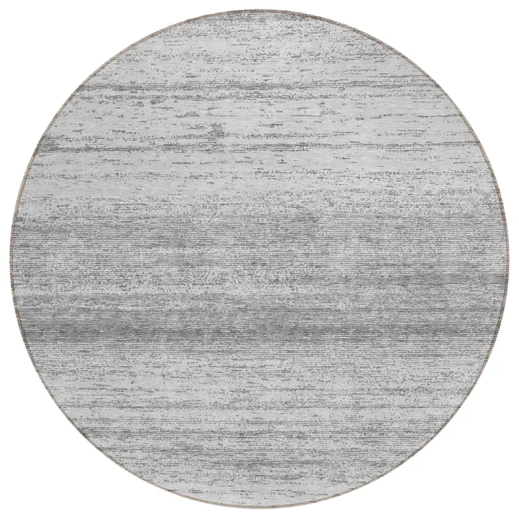 8' Gray And Silver Round Striped Washable Indoor Outdoor Area Rug