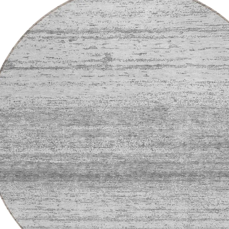 8' Gray And Silver Round Striped Washable Indoor Outdoor Area Rug