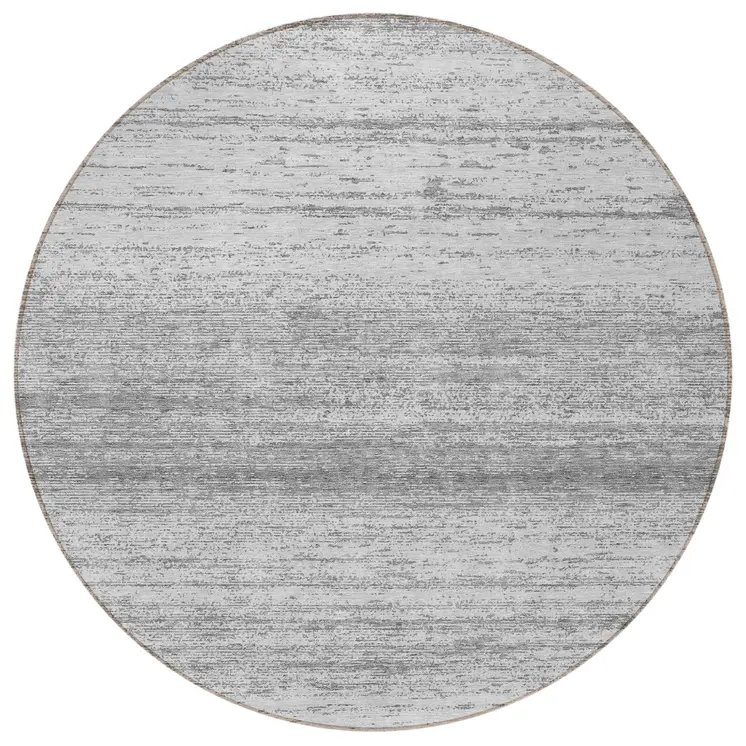 8' Gray And Silver Round Striped Washable Indoor Outdoor Area Rug