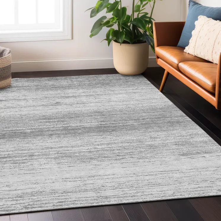 9' X 12' Gray And Silver Striped Washable Indoor Outdoor Area Rug