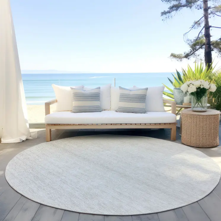 8' Ivory And Beige Round Striped Washable Indoor Outdoor Area Rug