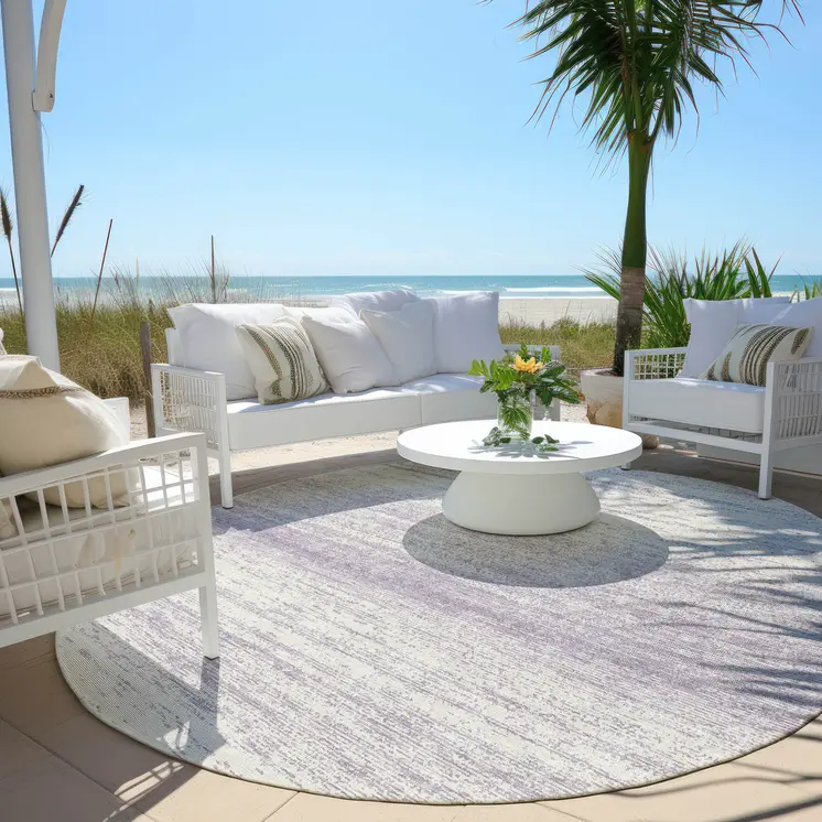 8' Lavender And Ivory Round Striped Washable Indoor Outdoor Area Rug
