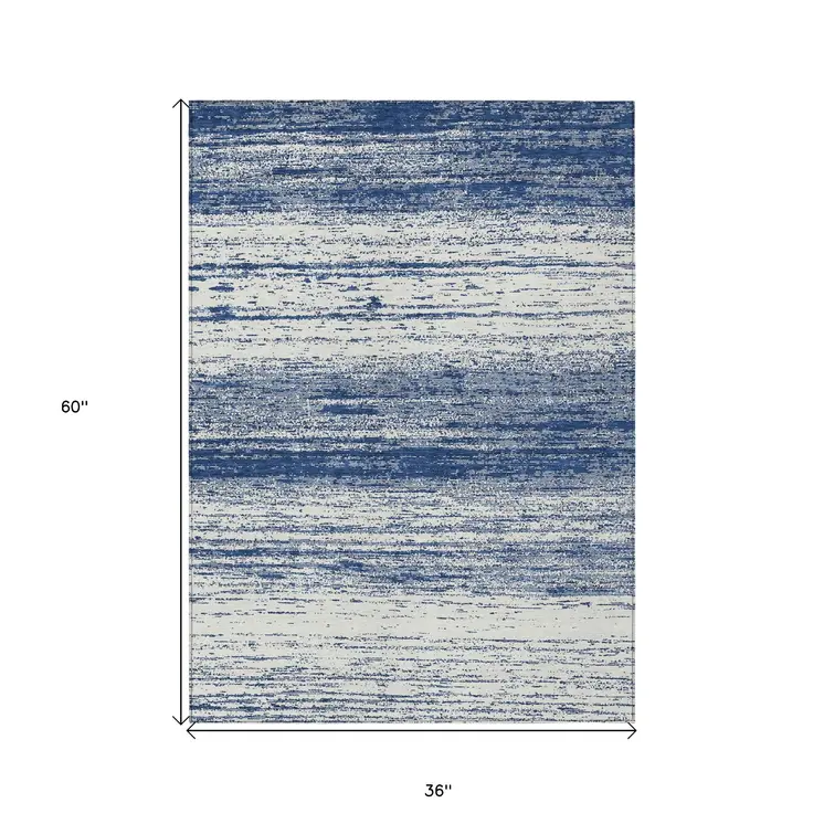 3' X 5' Navy Blue And Ivory Striped Washable Indoor Outdoor Area Rug