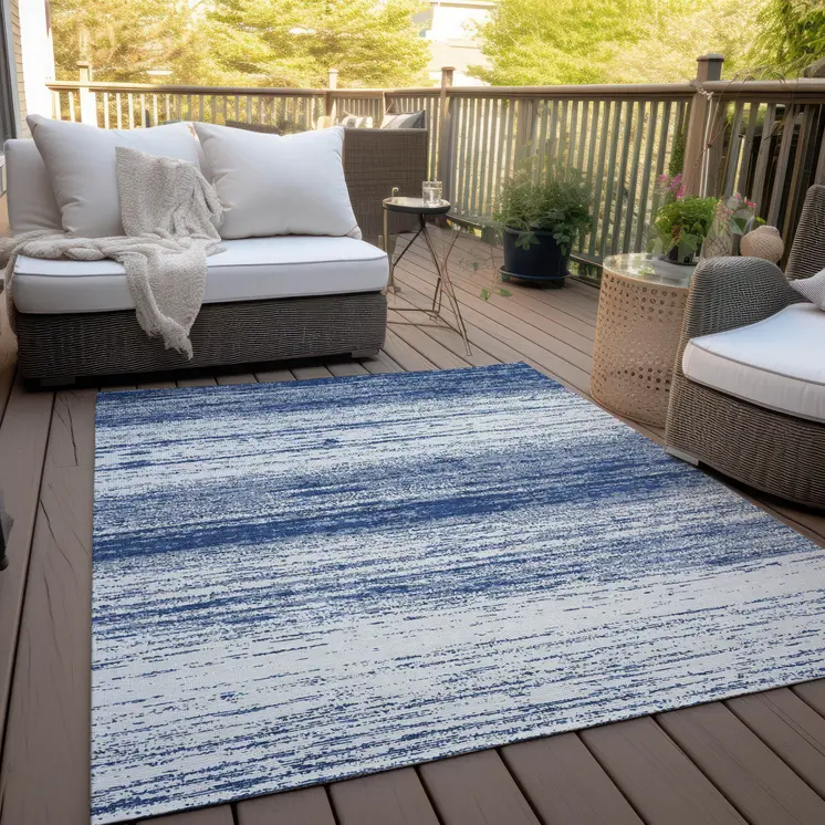 3' X 5' Navy Blue And Ivory Striped Washable Indoor Outdoor Area Rug