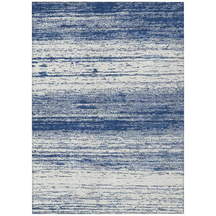 8' X 10' Navy Blue And Ivory Striped Washable Indoor Outdoor Area Rug