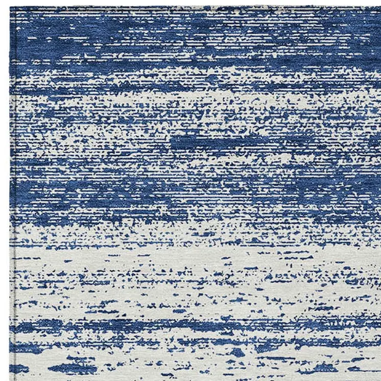 8' X 10' Navy Blue And Ivory Striped Washable Indoor Outdoor Area Rug