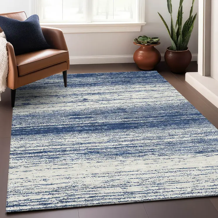 8' X 10' Navy Blue And Ivory Striped Washable Indoor Outdoor Area Rug