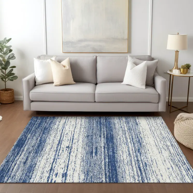 8' X 10' Navy Blue And Ivory Striped Washable Indoor Outdoor Area Rug