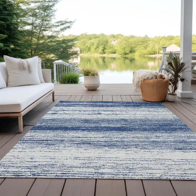 9' X 12' Navy Blue And Ivory Striped Washable Indoor Outdoor Area Rug