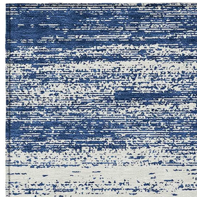 9' X 12' Navy Blue And Ivory Striped Washable Indoor Outdoor Area Rug
