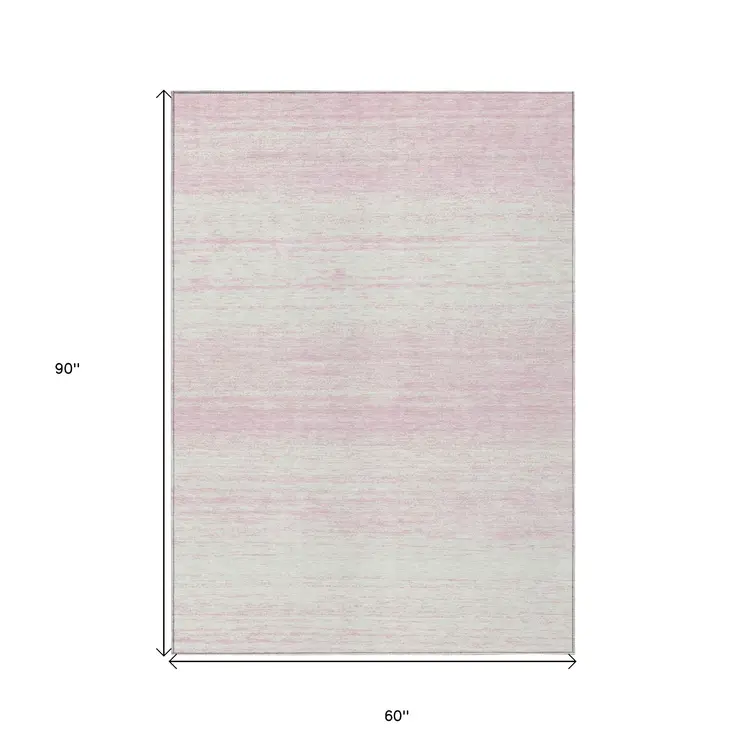 5' X 8' Pink And Ivory Striped Washable Indoor Outdoor Area Rug
