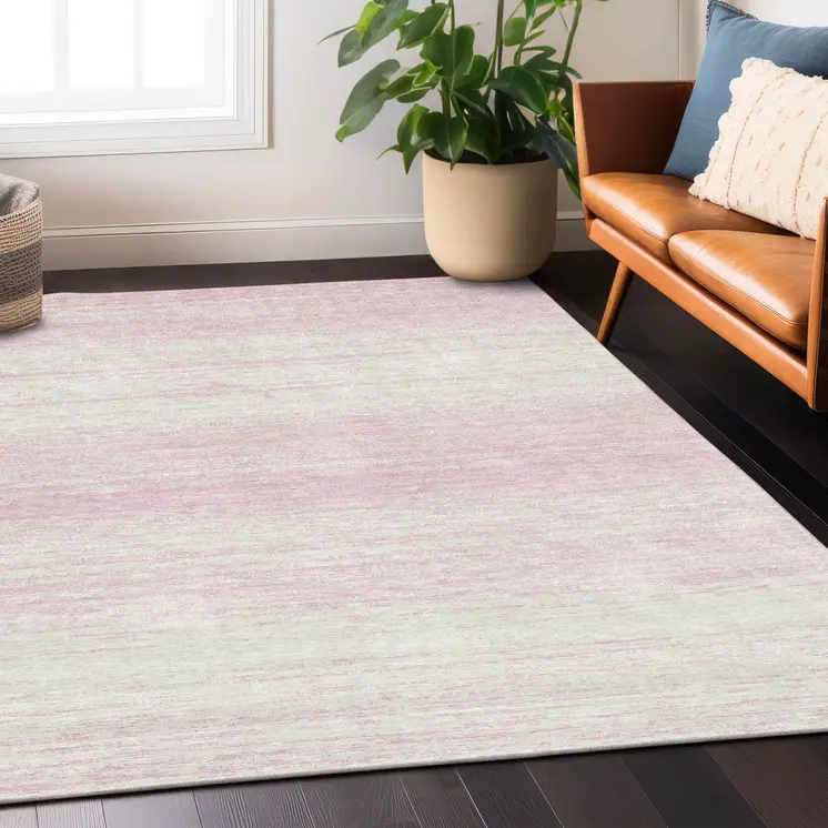 5' X 8' Pink And Ivory Striped Washable Indoor Outdoor Area Rug