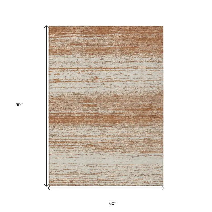 5' X 8' Orange And Beige Striped Washable Indoor Outdoor Area Rug