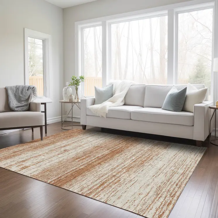 5' X 8' Orange And Beige Striped Washable Indoor Outdoor Area Rug