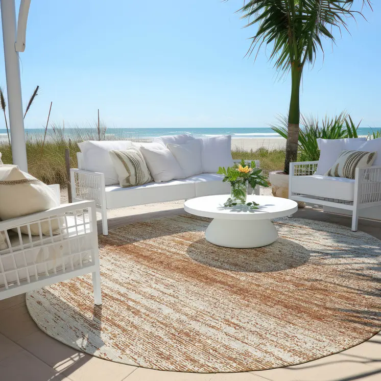 8' Orange And Beige Round Striped Washable Indoor Outdoor Area Rug