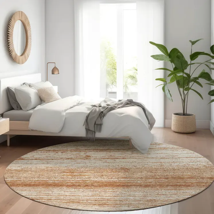 8' Orange And Beige Round Striped Washable Indoor Outdoor Area Rug