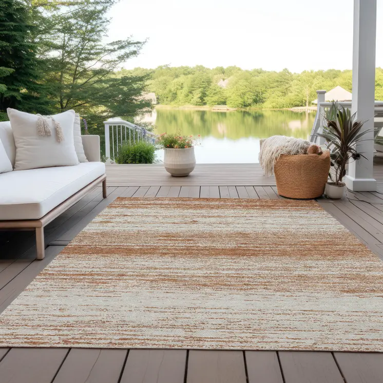 8' X 10' Orange And Beige Striped Washable Indoor Outdoor Area Rug