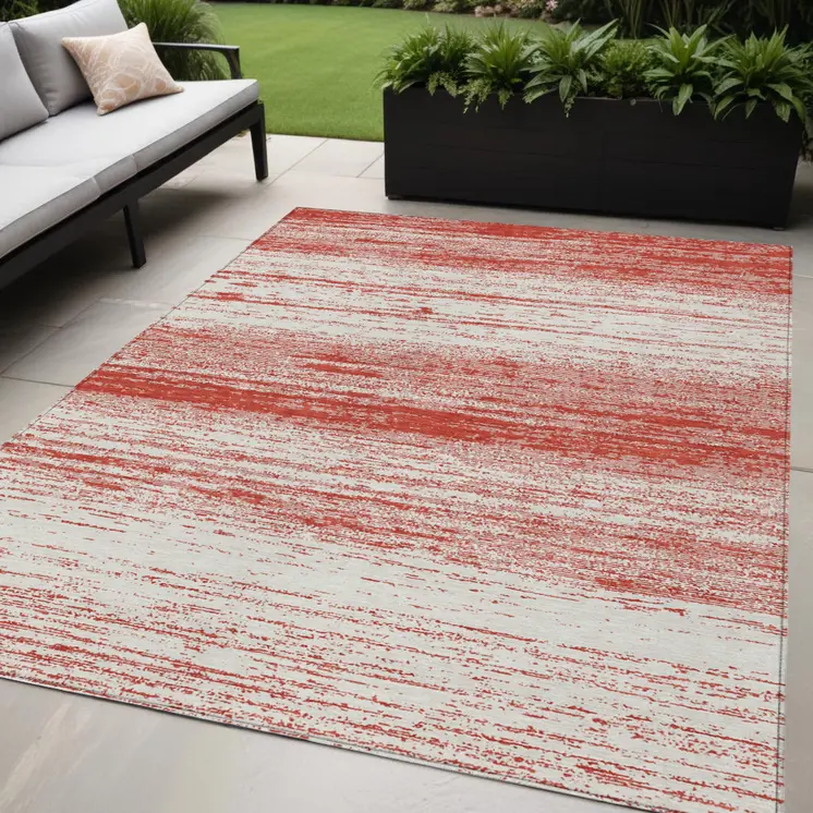 5' X 8' Red And Ivory Striped Washable Indoor Outdoor Area Rug