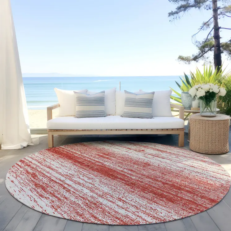 8' Red And Ivory Round Striped Washable Indoor Outdoor Area Rug