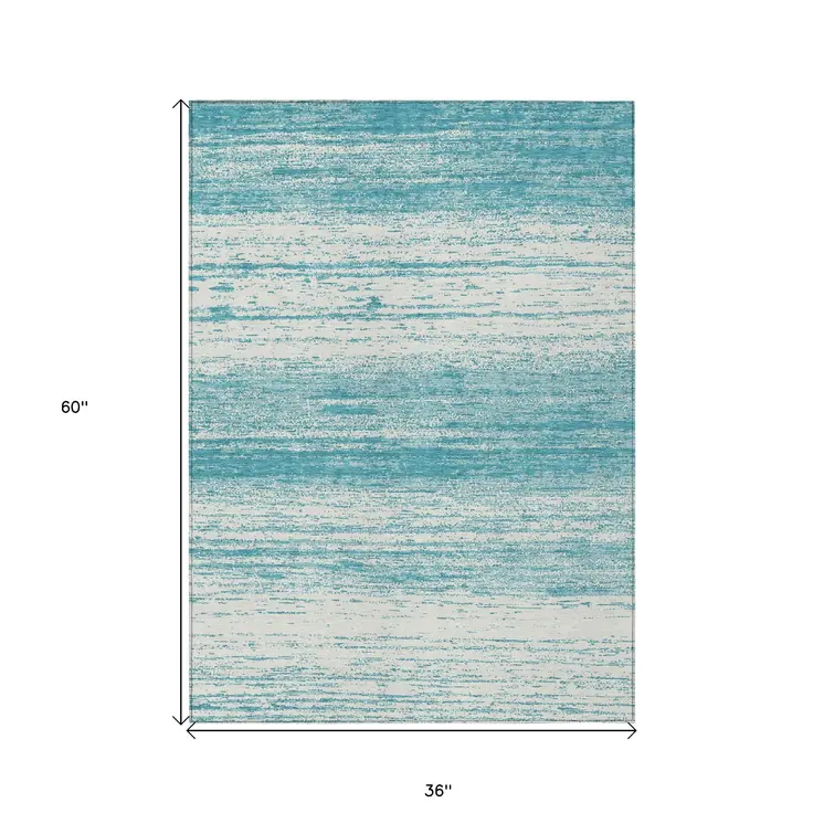 3' X 5' Teal Blue And Ivory Striped Washable Indoor Outdoor Area Rug