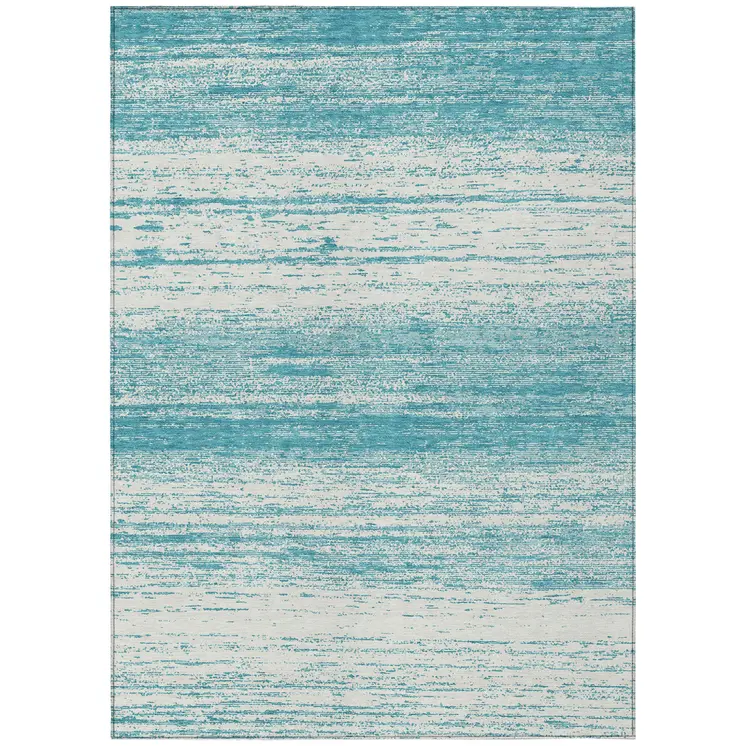 3' X 5' Teal Blue And Ivory Striped Washable Indoor Outdoor Area Rug