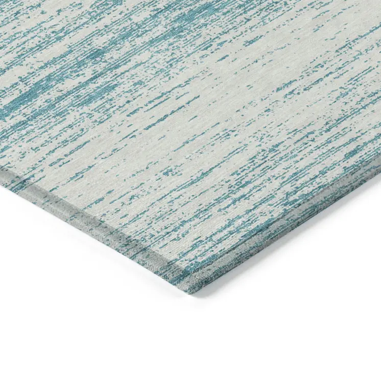 3' X 5' Teal Blue And Ivory Striped Washable Indoor Outdoor Area Rug