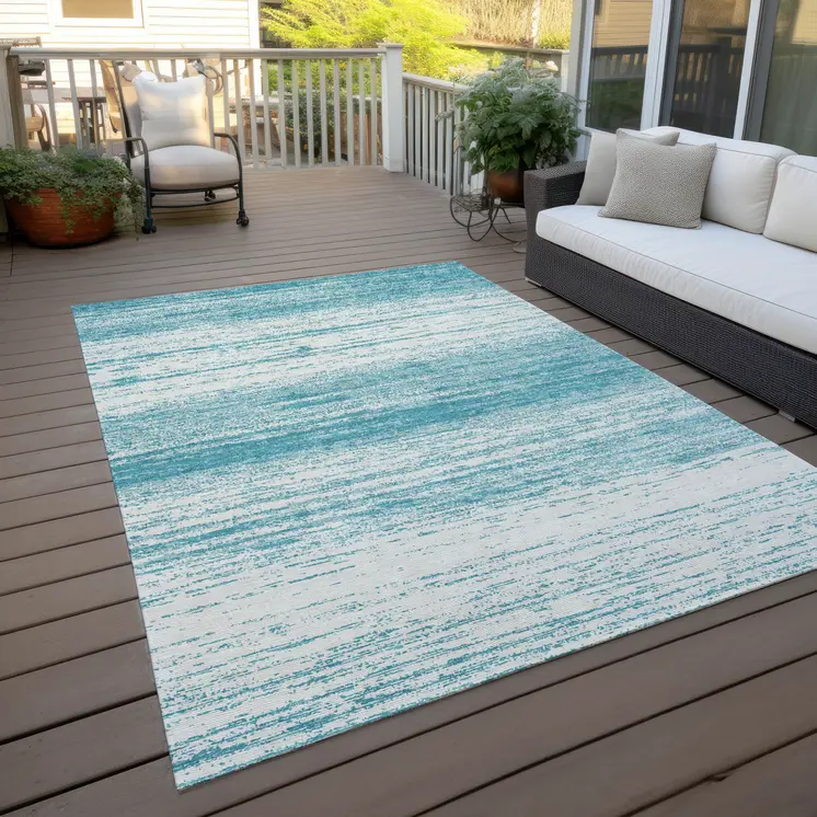 5' X 8' Teal Blue And Ivory Striped Washable Indoor Outdoor Area Rug