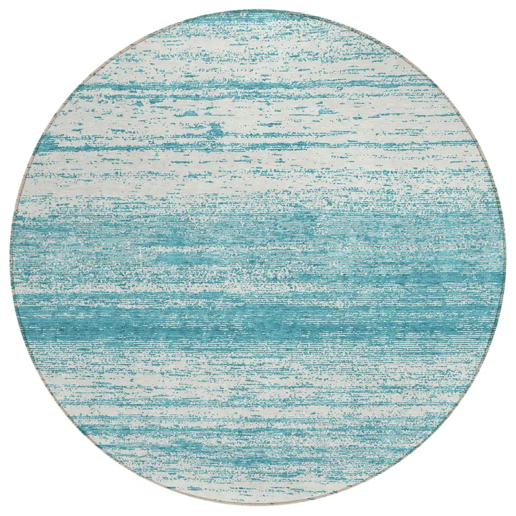 8' Teal Blue And Ivory Round Striped Washable Indoor Outdoor Area Rug