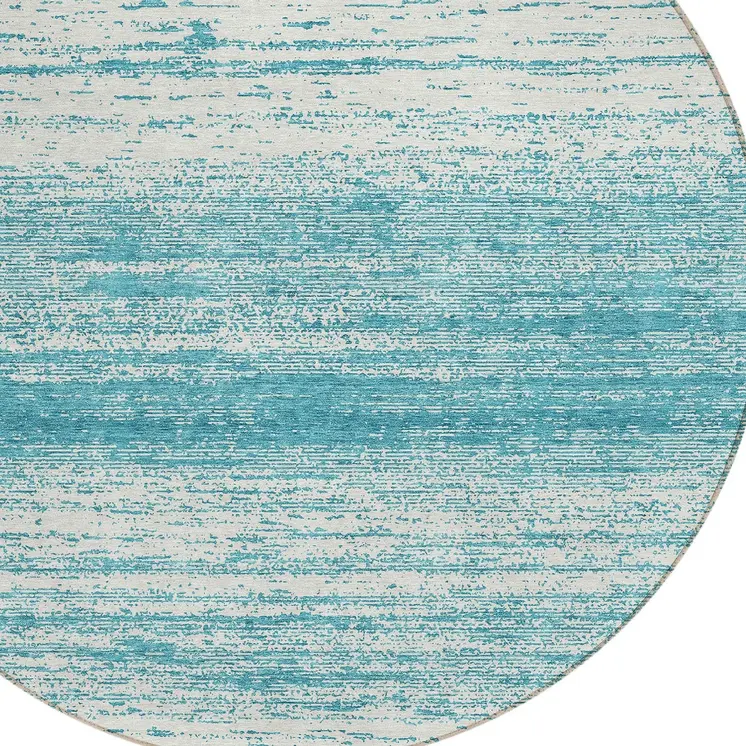 8' Teal Blue And Ivory Round Striped Washable Indoor Outdoor Area Rug