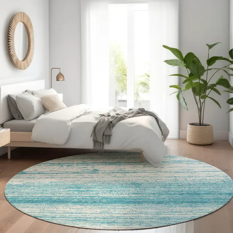 8' Teal Blue And Ivory Round Striped Washable Indoor Outdoor Area Rug