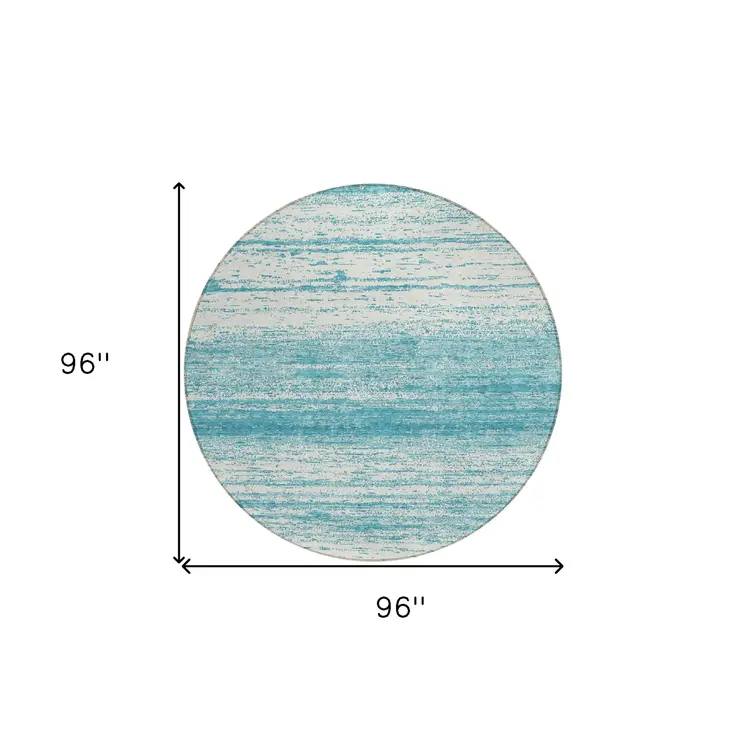 8' Teal Blue And Ivory Round Striped Washable Indoor Outdoor Area Rug
