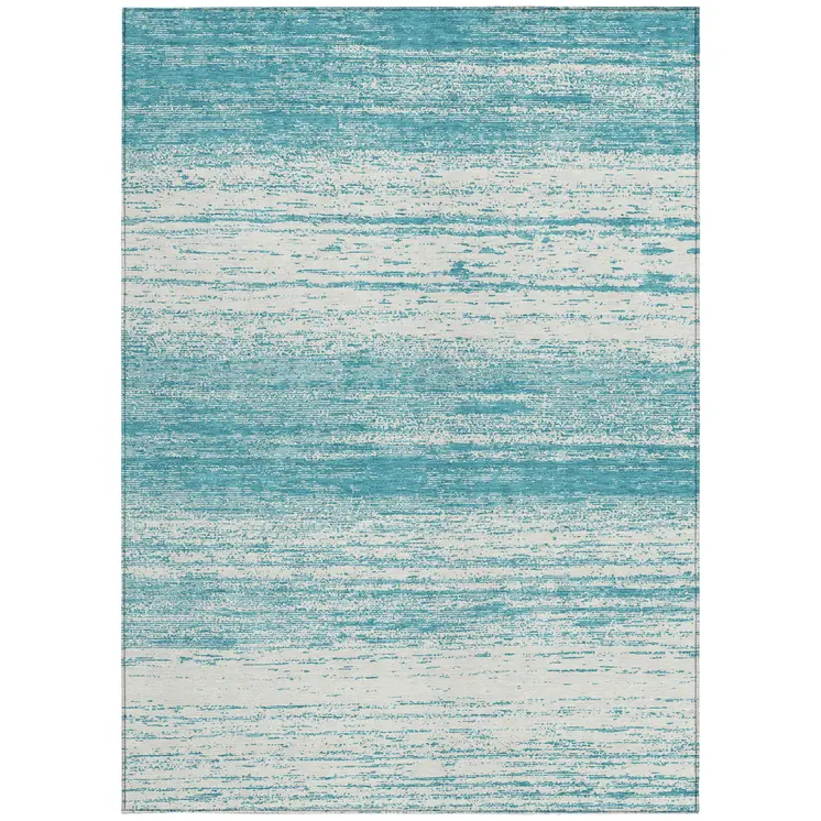 9' X 12' Teal Blue And Ivory Striped Washable Indoor Outdoor Area Rug