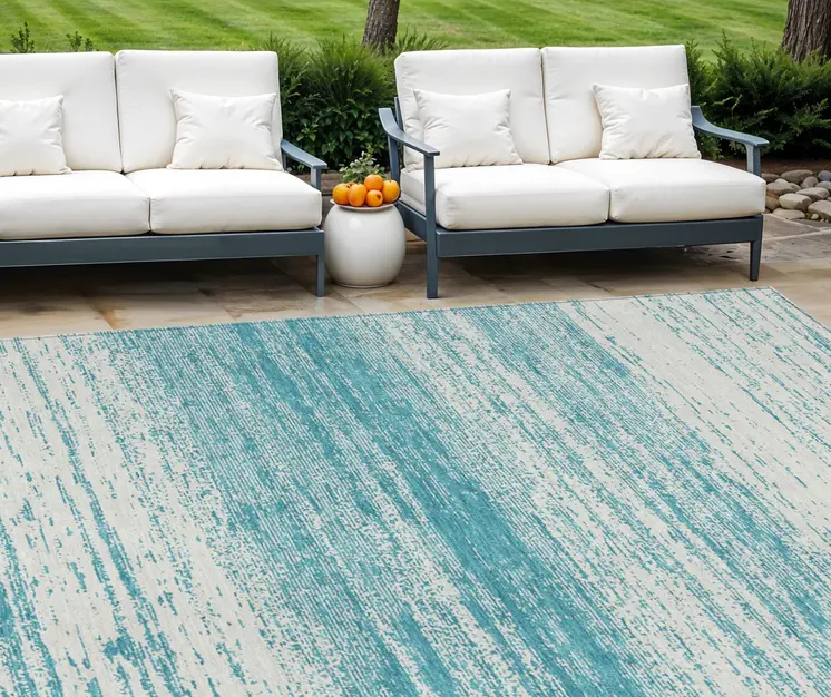 9' X 12' Teal Blue And Ivory Striped Washable Indoor Outdoor Area Rug