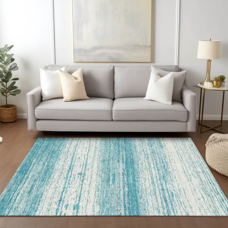 10' X 14' Teal Blue And Ivory Striped Washable Indoor Outdoor Area Rug