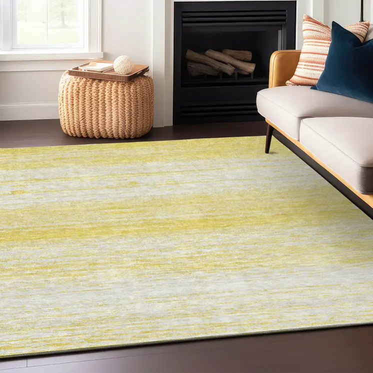 3' X 5' Yellow And Ivory Striped Washable Indoor Outdoor Area Rug
