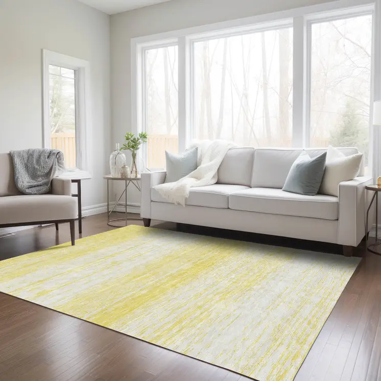 3' X 5' Yellow And Ivory Striped Washable Indoor Outdoor Area Rug