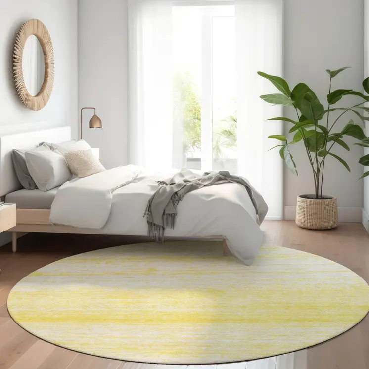 8' Yellow And Ivory Round Striped Washable Indoor Outdoor Area Rug